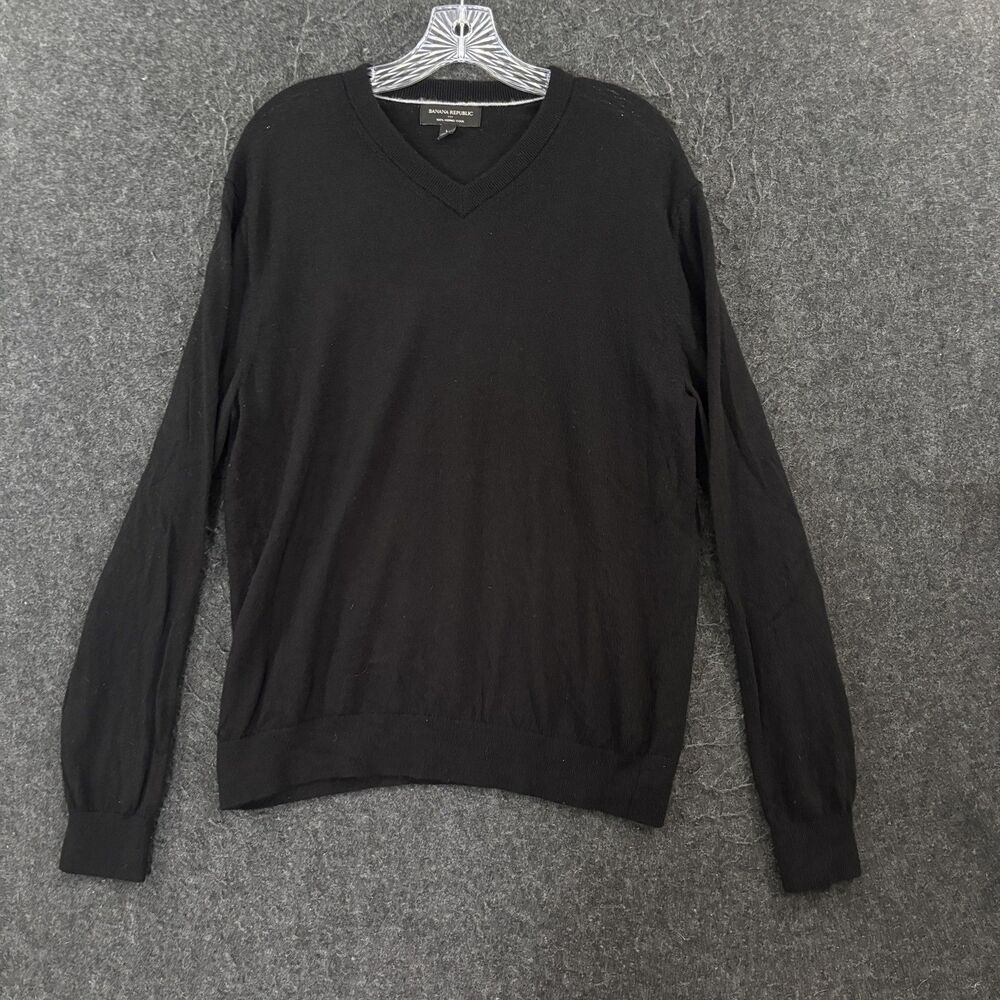 Banana Republic Sweater Men's Large Black 100% Merino Wool V Neck Pullover